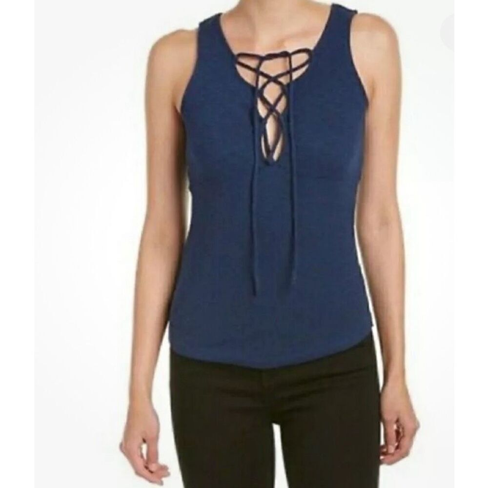 Free People Womens Ribbed Emmy Lou Lace-Up Stretch Tank Top Black Small‎